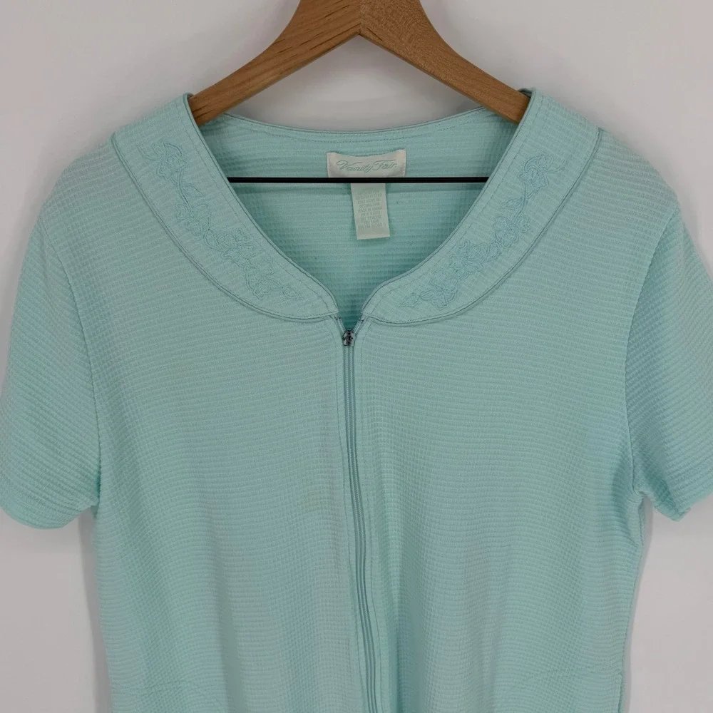 VTG Vanity Fair‎ Mint Green Waffle Knit Zip Robe L Housecoat Spa Knee Length